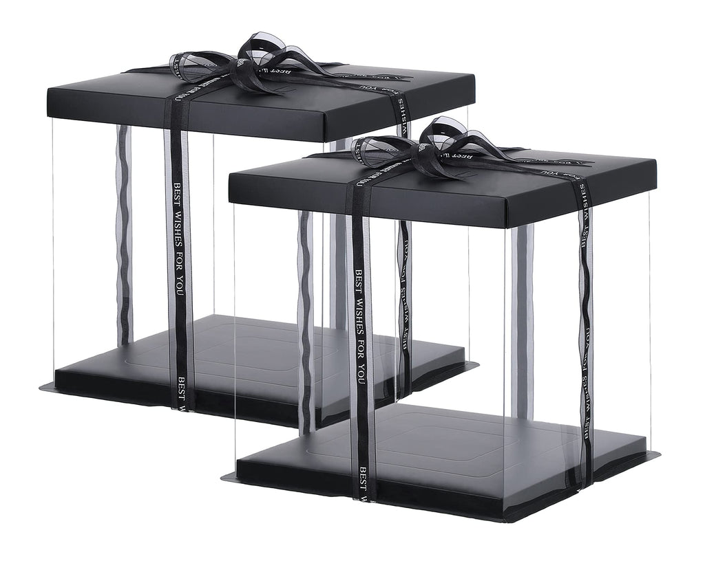 XININSUN 2Pcs Large Cake PET Clear Box, 10" X 10" X 9" with ribbon and pre-folded lid, for 8" cake packing carry, baking cookie display, Carry Tall Layer Gift, Festive Gift Box -Black