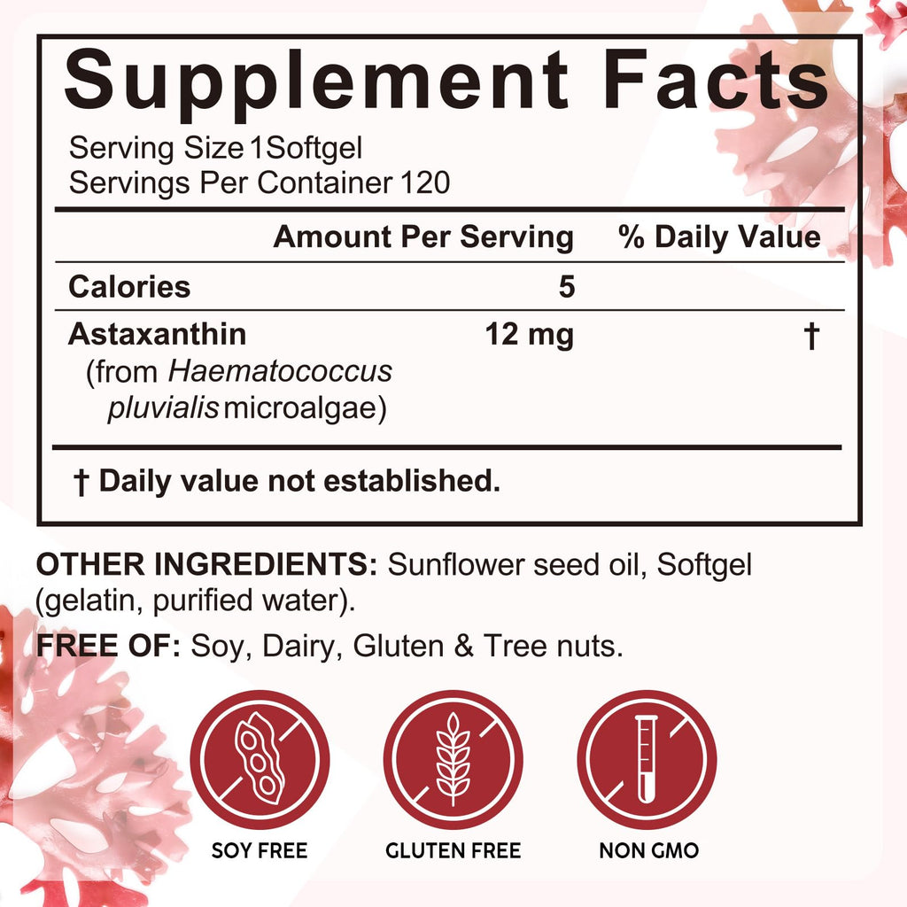 Xaarty Premium Astaxanthin 12mg, Natural Antioxidant Supplement for Eye, Joint, Skin Health,Microalgae Source, 4 Month Supply | Supports Internal Circulation, 120 Softgels