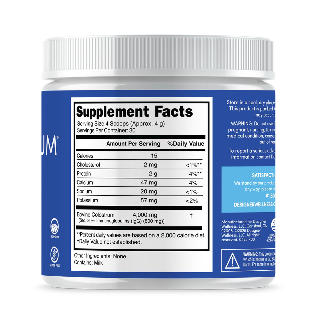Designer Wellness, Pure Bovine Colostrum Superfood Powder, Gut Health & Bloating, Immune Support, Skin & Hair, Gluten & Fat-Free, Unflavored, 30 Servings