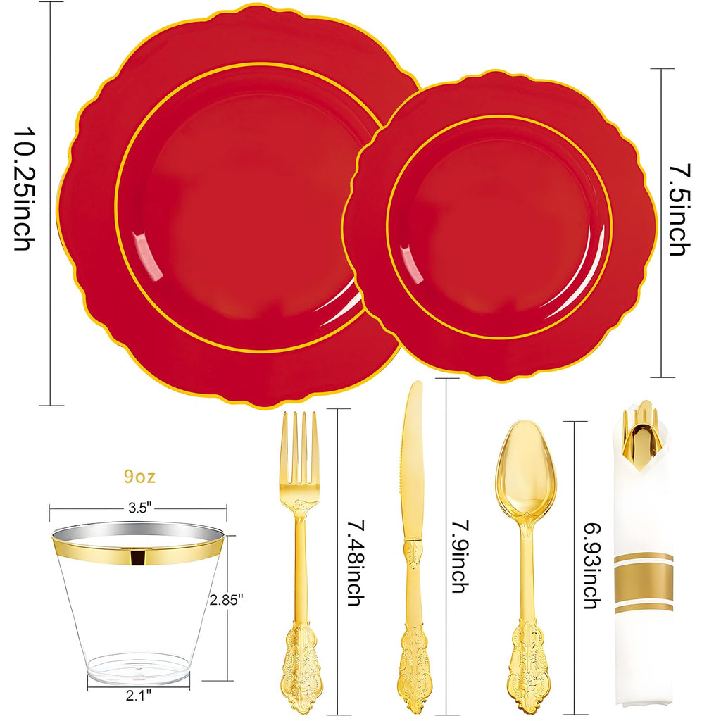 Liacere 350PCS Red Plastic Plates - Red Disposable Plates With Gold Rim - 50Guest Baroque Plastic Dinnerware include 100Plates-50Pack Pre Rolled Napkins with Silverware 50Cups for Independence Day