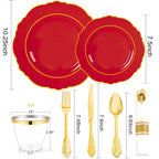 Liacere 350PCS Red Plastic Plates - Red Disposable Plates With Gold Rim - 50Guest Baroque Plastic Dinnerware include 100Plates-50Pack Pre Rolled Napkins with Silverware 50Cups for Independence Day