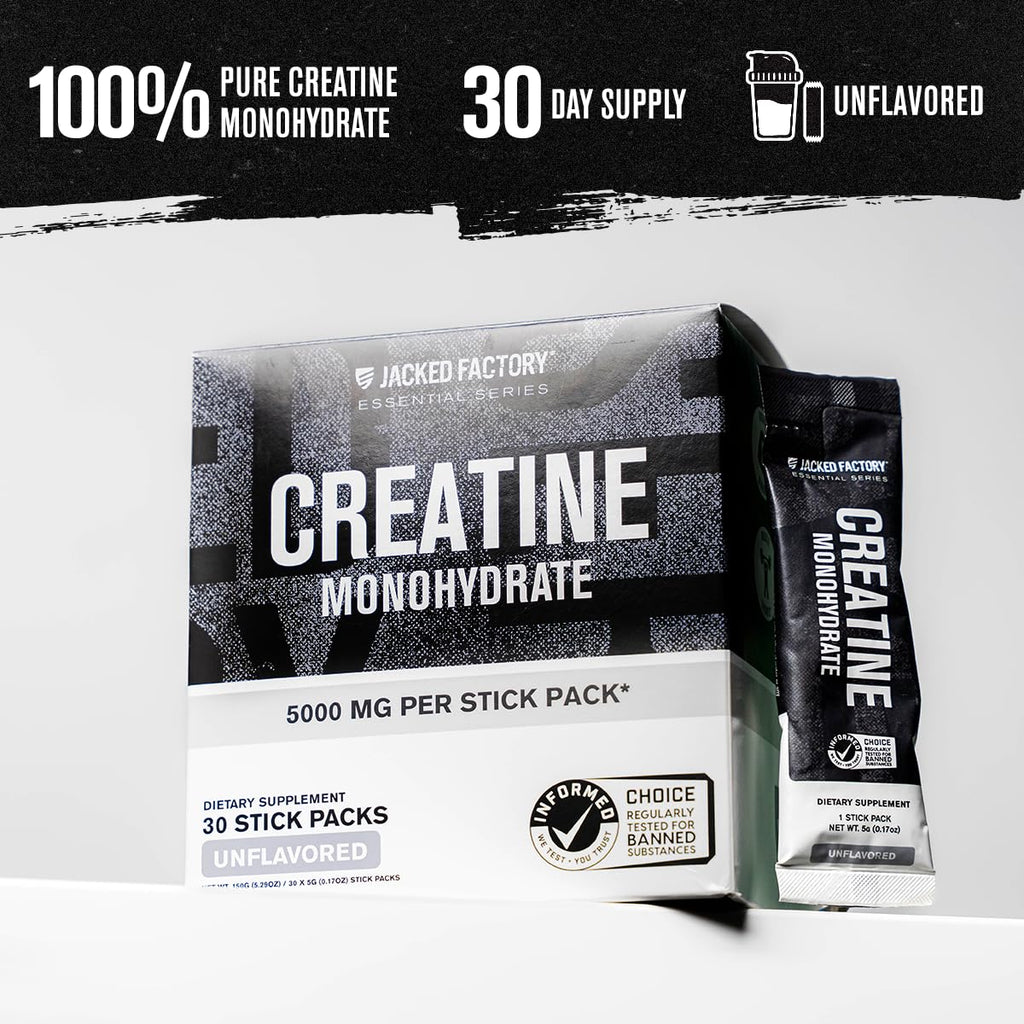 Jacked Factory Creatine Monohydrate Stick Packs 150g - 5g Daily Creatine Supplement for Men and Women, Vegan-Friendly, Third-Party Tested - 30 Servings, Unflavored