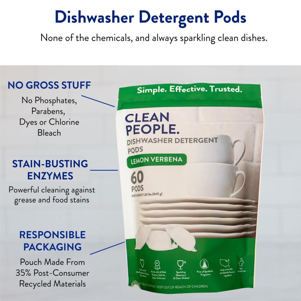 The Clean People Dishwasher Pods - Cuts Grease & Rinses Sparkling Clean - Residue-Free - Phosphate Free Dishwashing Pods (60 Count, Lemon Verbena)