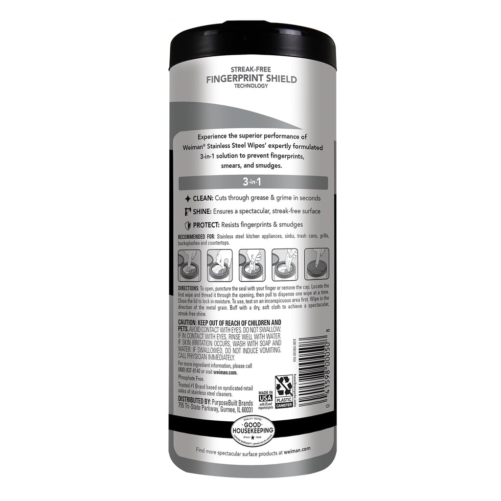 Weiman Stainless Steel Cleaner & Polish Kit, 1 Wipes & Cloth, Anti-Fingerprint, Removes Grease, Water Spots, Streaks & Residue, Polishing Cleaner Safe for Appliances, Chrome, Sinks & Grill Exteriors
