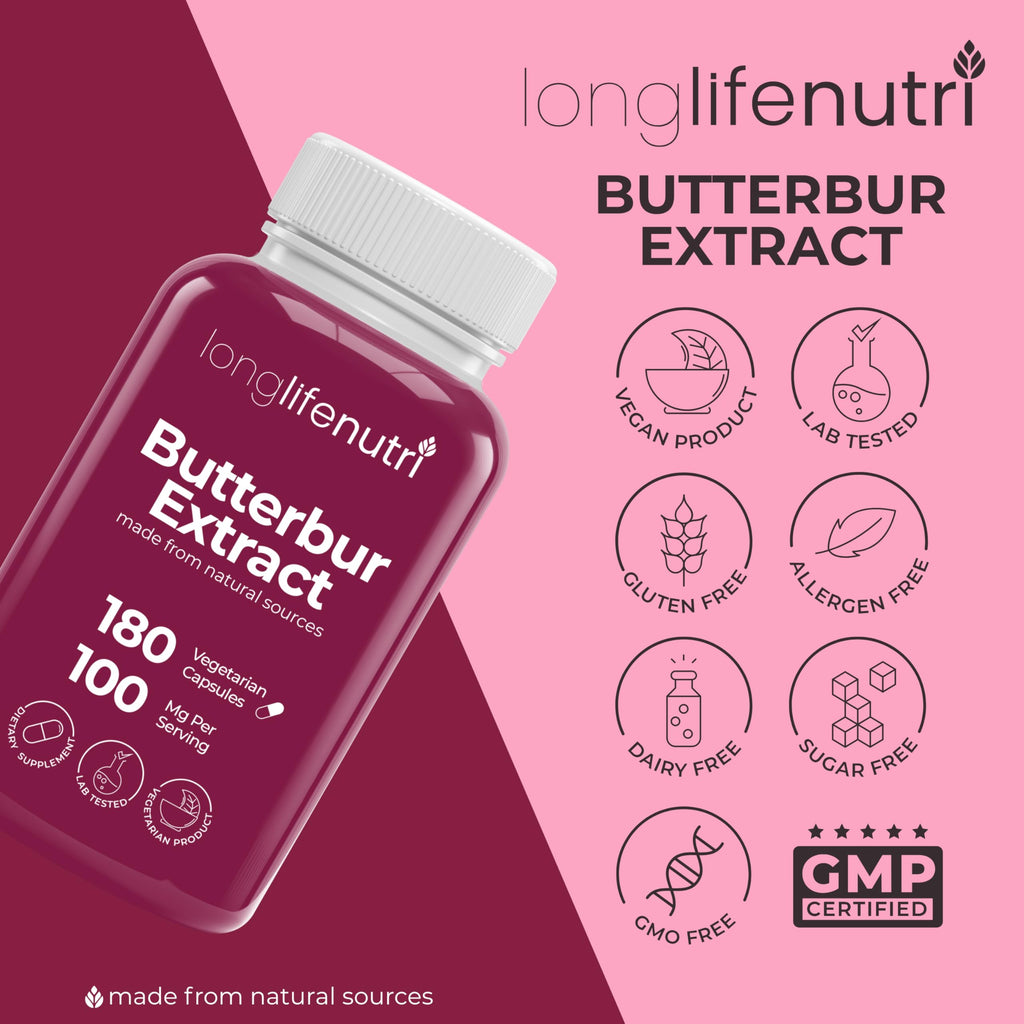 LongLifeNutri Butterbur Extract 100mg - Petasites Hybridus Root Extract, 180 Vegetarian Capsules, 6 Month Supply, Organic Supplement for Head Comfort & Neural Calm, GMP Certified, Made in USA