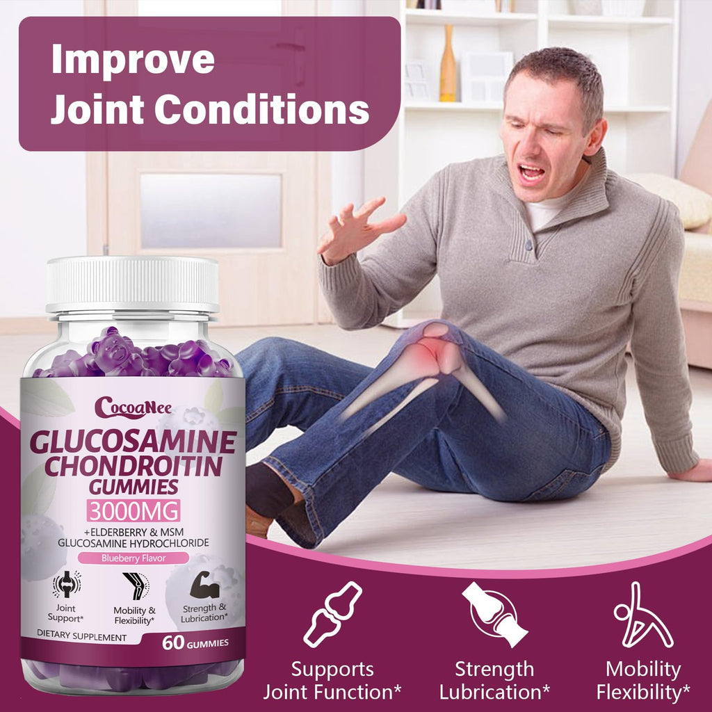 CocoaNee 3 Packs 3000MG Glucosamine Chondroitin Gummies, Extra Strength Joint Support Supplement with MSM & Elderberry, Flexibility, Antioxidant Immune Support Gummy for Adults, Men & Women 180Cts