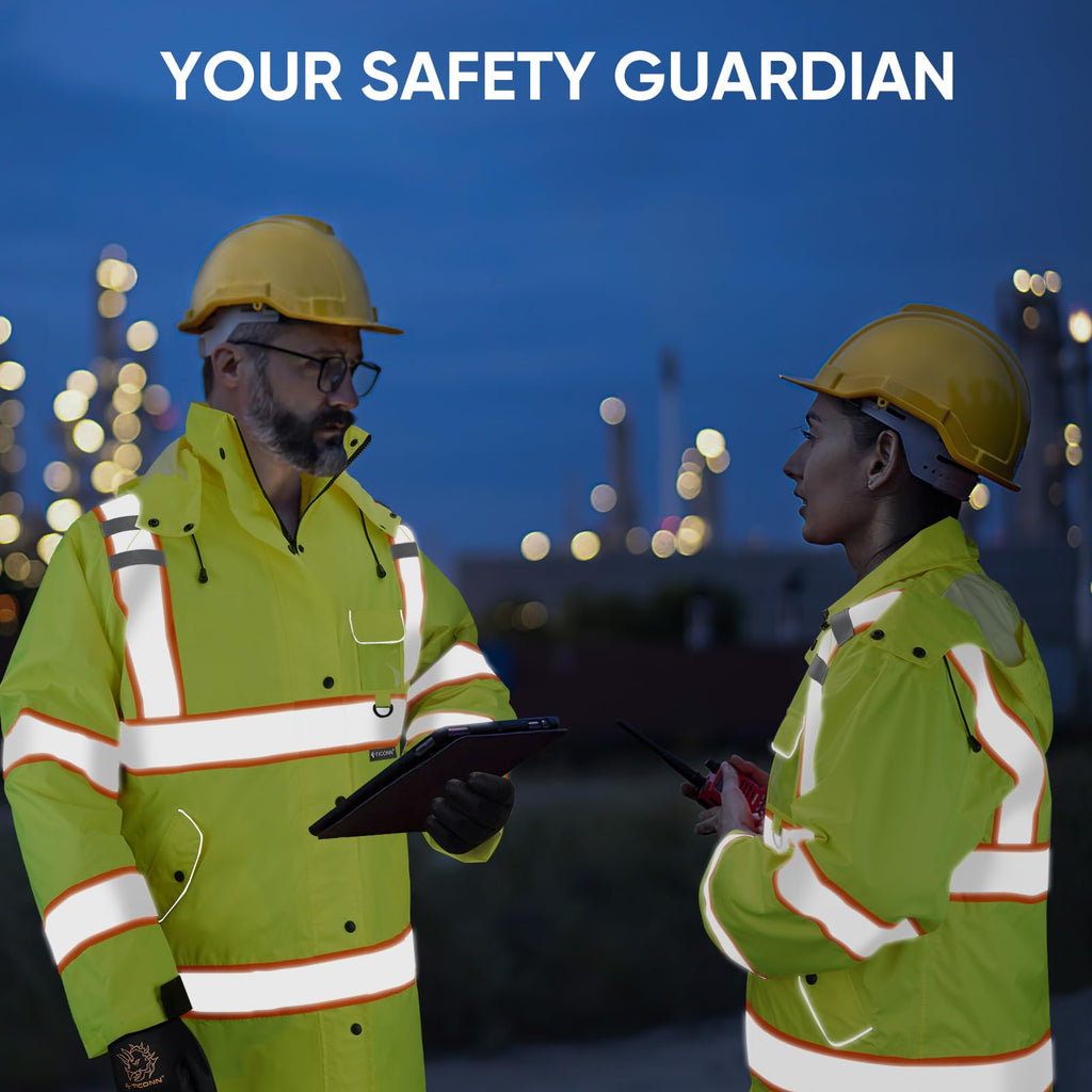 TICONN Reflective Rain Coat, Waterproof Hi Vis Safety Rain Jacket, Heavy Duty ANSI Class 3 High Visibility Trench Coat (XL)