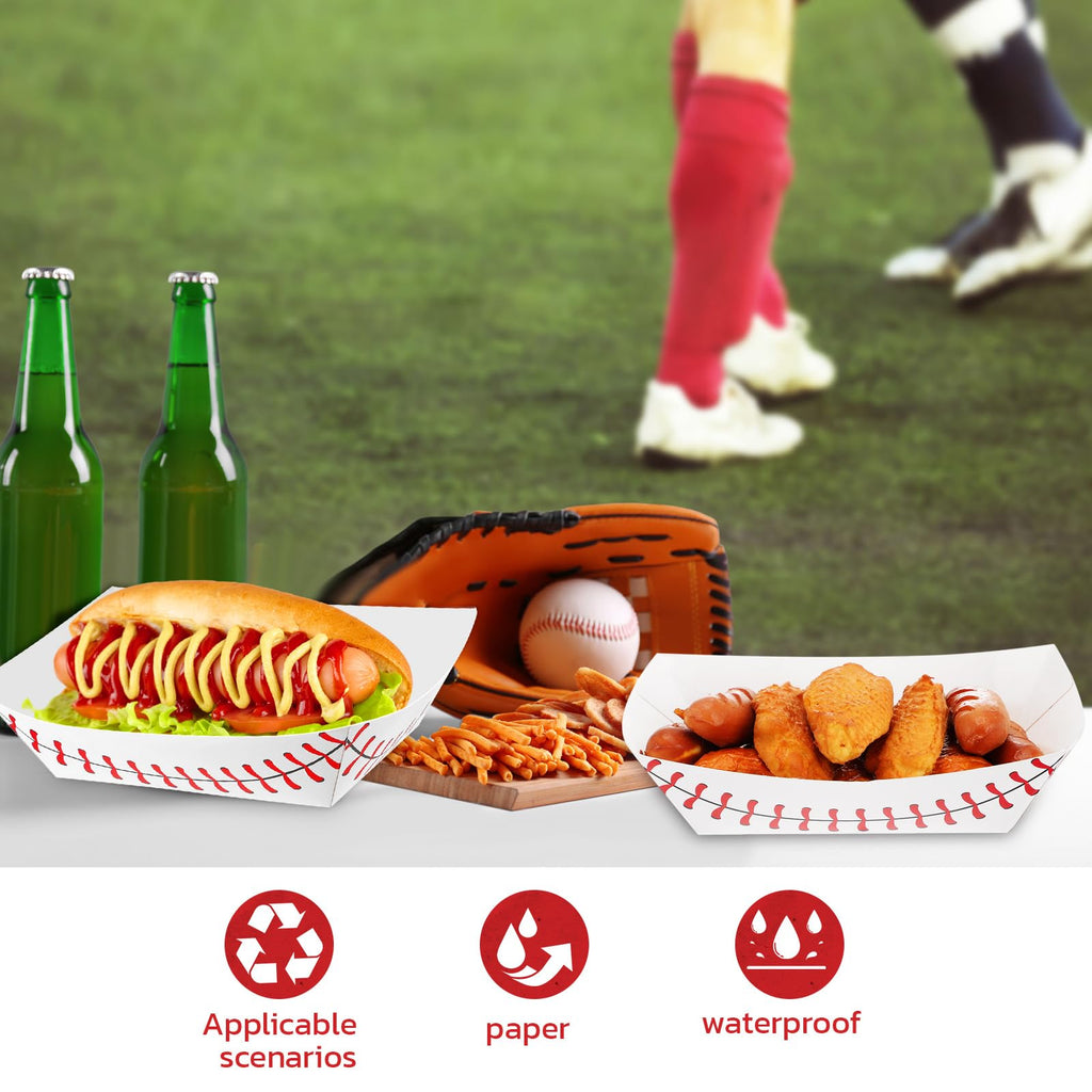Roshtia 100 Pack Baseball Party Supplies Paper Food Trays Disposable Serving Tray Nacho Food Boats for Baseball Birthday Decorations(2lb)