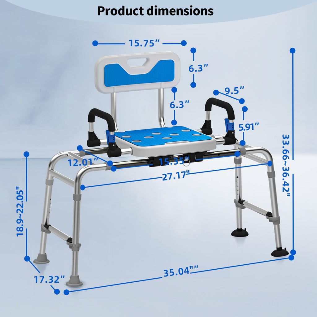 Drseats Sliding Shower Chair with Arms and Back, 500lbs Tub Transfer Benches with Non Slip Aluminum Body and Suction Cups Adjustable Height Bath Seats for Seniros Elderly Disabled or Bariatric Adults