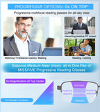 Missfive Mens Premium Multifocus Reading Glasses 0x on Top Center, Blue Light Blocking Far/Mid/Near Progressive Multifocal Readers Metal Frame with No Broken Spring Hinge Eyegwear 1.5 D