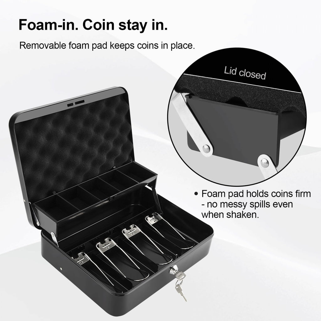 Jssmst Cash Box with Key Lock - 1mm Thick Metal Money Box for Garage Sales, Yard Sales and Petty Cash, Portable Cash Drawer with Coin Tray & Spill-Proof Foam Coin Cover, 4 No-Pinch Bill Clips,11.8''