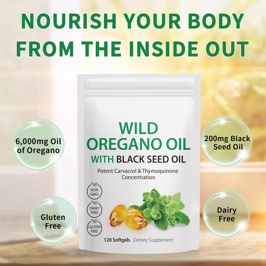 2 Pack Oil of Oregano Softgels, Oregano Oil Capsules, 165mg Carvacrol, 2 in 1 Formulated Oil of Oregano with Black Seed Oil 200mg, Oregano Oil Supplement Capsules