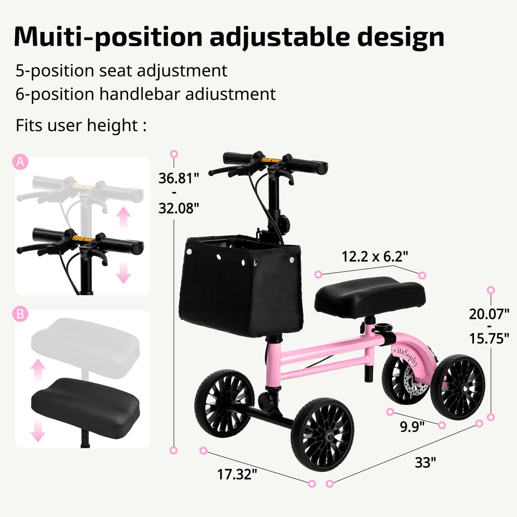 VitaSophy Knee Scooter with Disc Brake, Steerable Knee Walker for Adults,Foldable Rover Scooter for Broken Foot Injured Leg Crutch,Pink
