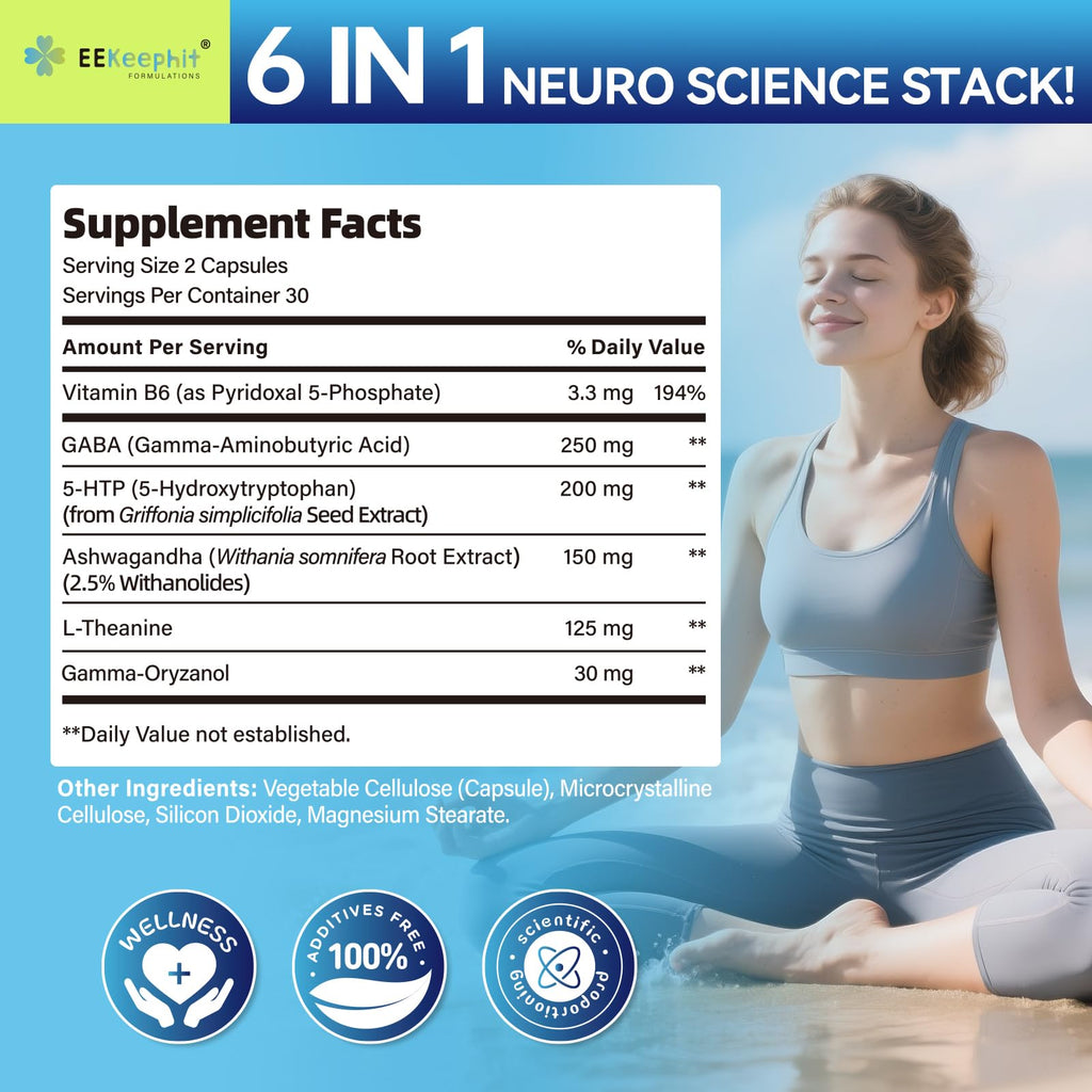 EEKEEPHIT 6 in 1 Melatonin-Free Sleep Aid Sleep Complex with Ashwagandha, GABA, L-Theanine & 5-HTP, VIT B6(P5P) for Adults, Supports Deep Relaxation, 30 Vegan Capsules