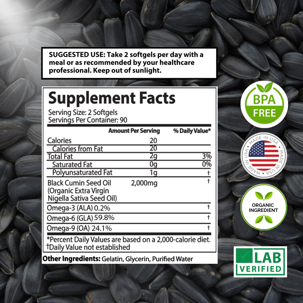 Black Seed Oil Capsules – Organic Cold Pressed Black Cumin Oil, High TQ Nigella Sativa, 1000mg per Capsule, 3 Month Supply - 180 Softgels
