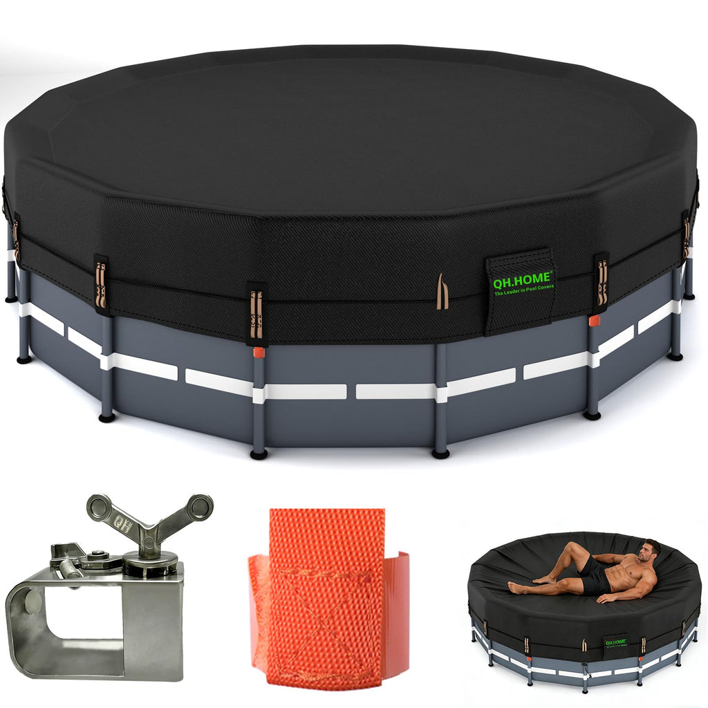 QH.HOME 550D 14 ft Pool Cover Round[Upgraded Tear Resistant & Quadruple Windproof] wth Pre-Installed Patented Winch and Rope, Pool Covers for Above Ground Pools-Snug Fit & Waterproof Protection
