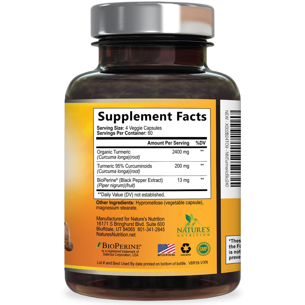 Turmeric Curcumin Supplement 2600mg - 95% Curcuminoids with Organic Turmeric & BioPerine Black Pepper Extract for Best Absorption, Natural Vegan Joint Support, Non-GMO, Bottled in USA - 240 Capsules