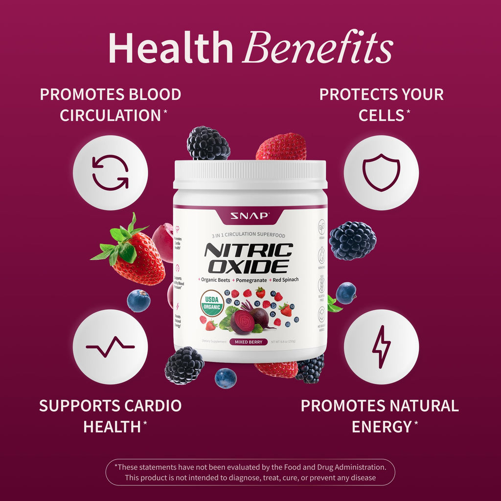 Snap Supplements USDA Organic Beet Root Powder Nitric Oxide Supplements for Men & Women with Pomegranate & Red Spinach, Supports Healthy Blood Flow & Caffeine-Free Energy, Mixed Berry, 30 Servings
