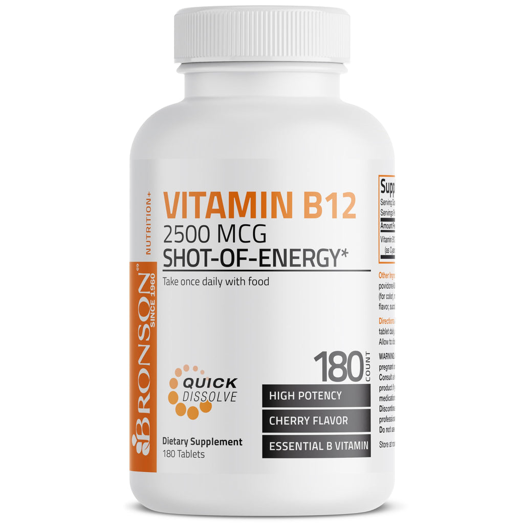 Vitamin B12 2500mcg Shot Of Energy Fast Dissolve Chewable Tablets - Quick Release Cherry Flavored Sublingual B12 Vitamin - Supports Nervous System, Healthy Brain Function Energy Production – 180 Count