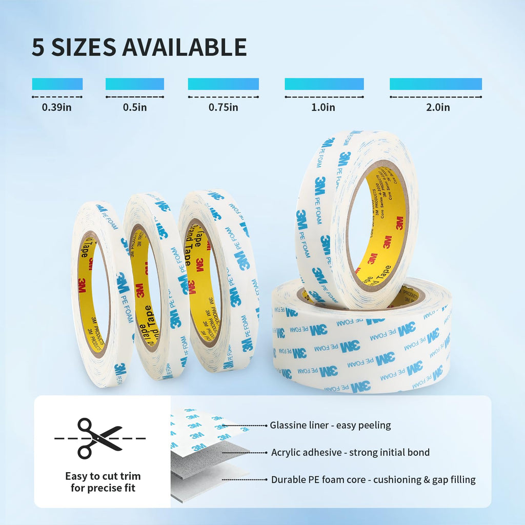 Rvhouse 3M 1600T Double Sided Tape, PE Foam Tape 0.5" x 18 Ft White Removable Strong Adhesive No Residue for RV Picture Hanging, Posters Frames Wall Decor Indoor & Outdoor Use(2 Pack)