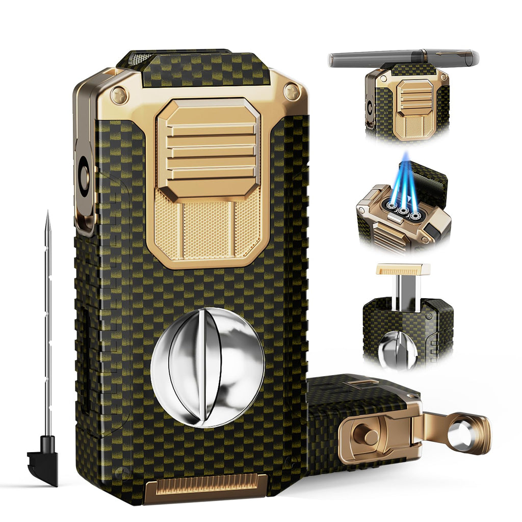 5-in-1 Torch Lighter with Cutter, Punch, Holder, Draw Enhancer, and Triple Windproof Jet Flames, Refillable Butane Lighters with Gift Box, Multi-Function Lighter Accessories, Cool Lighters for Men