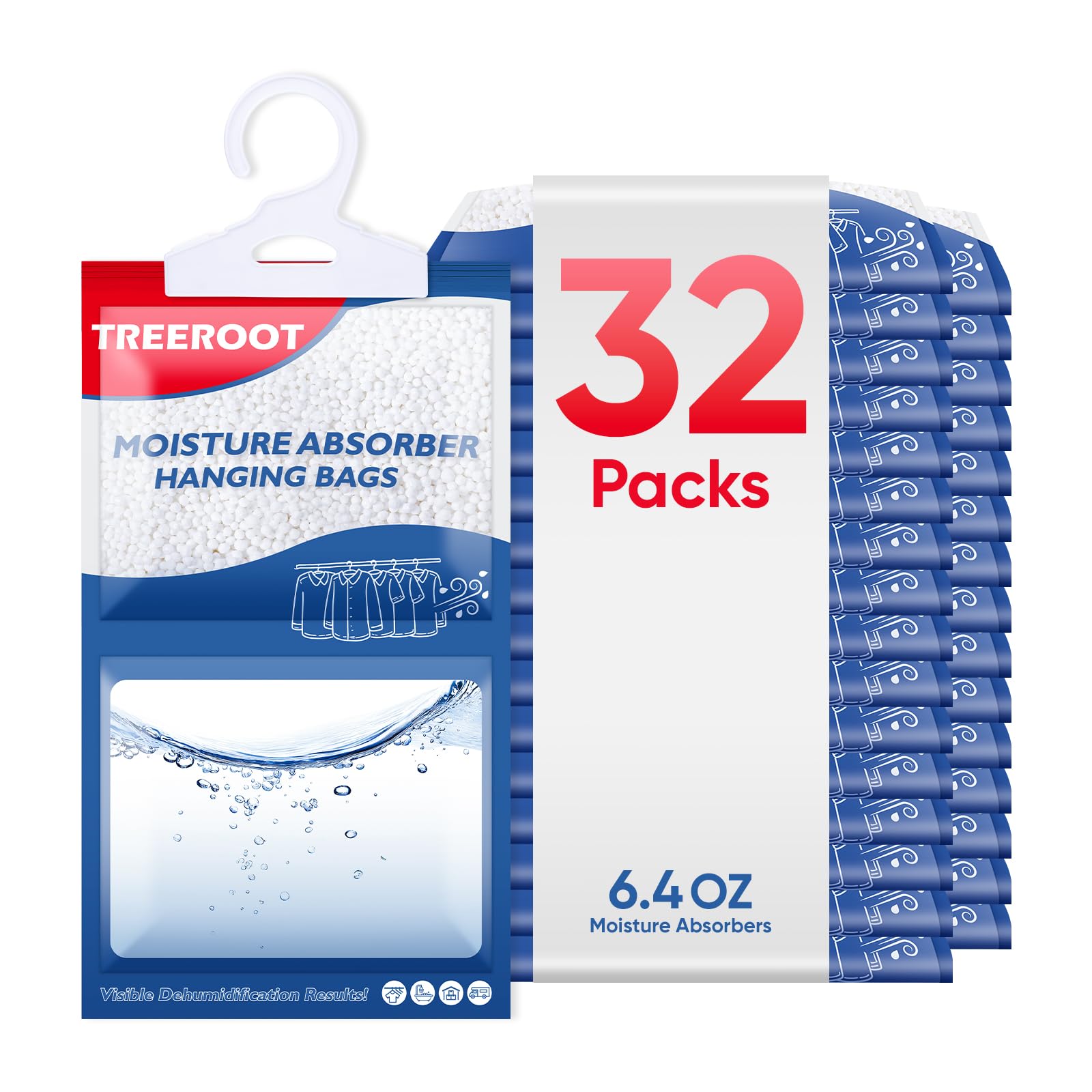 32 Pack Moisture Absorbers for Closet, 6.4OZ Hanging Closet Dehumidifier Bags, Hanging Humidity Absorber in Wardrobes, Kitchens and Bathrooms, Fragrance Free Portable Moisture bags