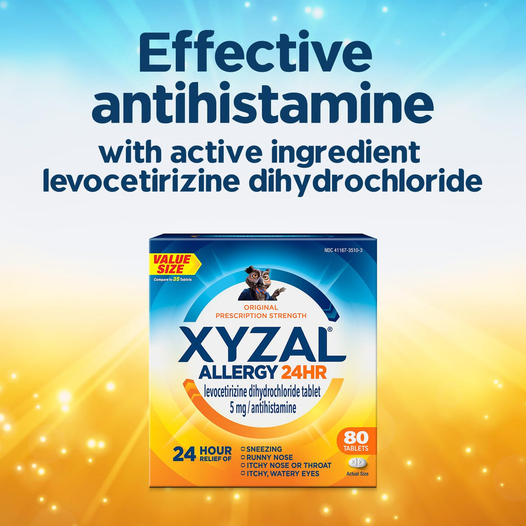 Xyzal 24 Hour Allergy Relief Medicine, Original Prescription Strength Antihistamine, Levocetirizine Dihydrochloride Tablets, 5 mg, 80 Count