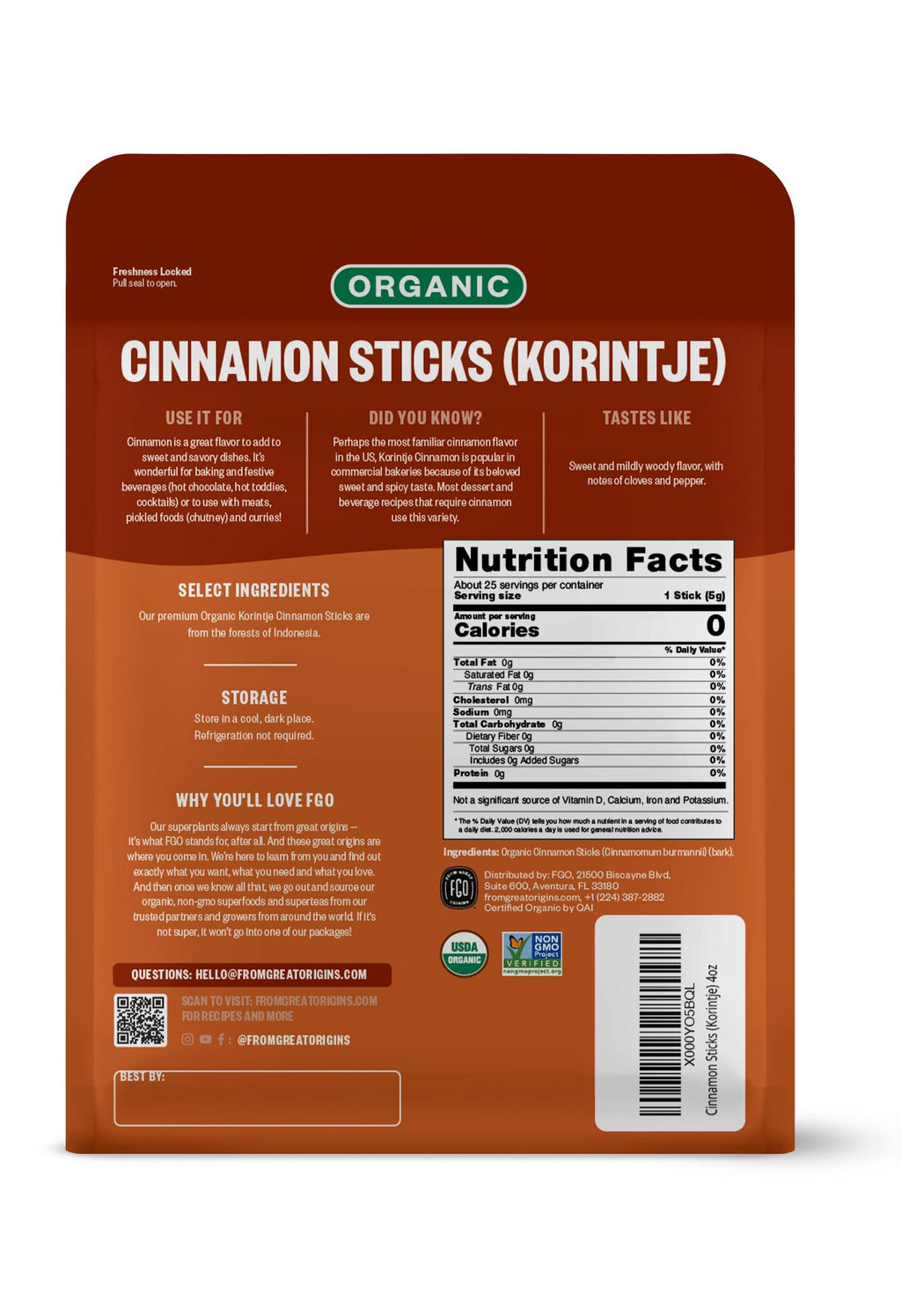 Feel Good Organics Organic Cinnamon Sticks - 100+ Sticks - 2 3/4" Length - 16Oz Resealable Bag (1Lb) - 100% Raw from Indonesia