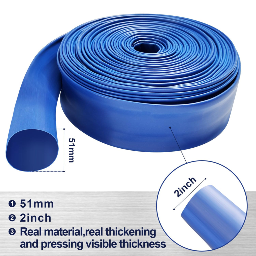 YASHINE PVC HOSE 2"*50ft, Pool Backwash Hose, Heavy Duty Reinforced Blue PVC Lay Flat Water, For Swimming Drain Pools and Clean Filters, with 2 Clamp