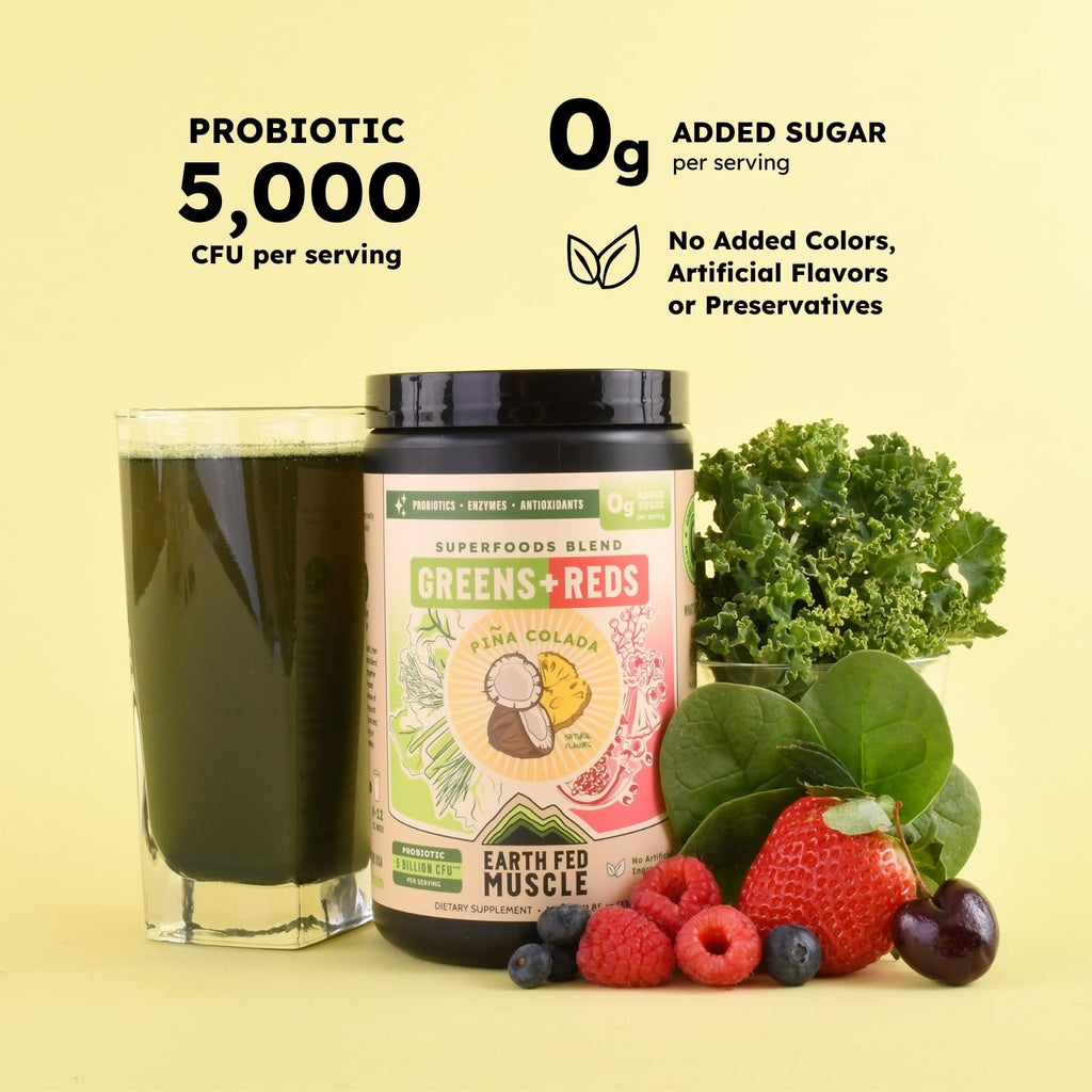 Earth Fed Muscle Greens and Reds Superfoods Blend, Piña Colada – Kale, Spirulina, Wheatgrass & Elderberry – Antioxidant Support, Vitamins & Probiotics – No Artificial Ingredients – 30 Servings