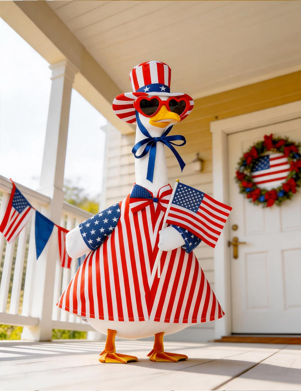 bomis Veterans Day Patriotic Porch Goose Outfits for 23 Inch Lawn Statue – Veteran Tribute Goose Costume with Red Heart Sunglasses, Star‑Striped Top Hat, Handheld American Flag