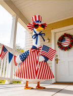 bomis Veterans Day Patriotic Porch Goose Outfits for 23 Inch Lawn Statue – Veteran Tribute Goose Costume with Red Heart Sunglasses, Star‑Striped Top Hat, Handheld American Flag