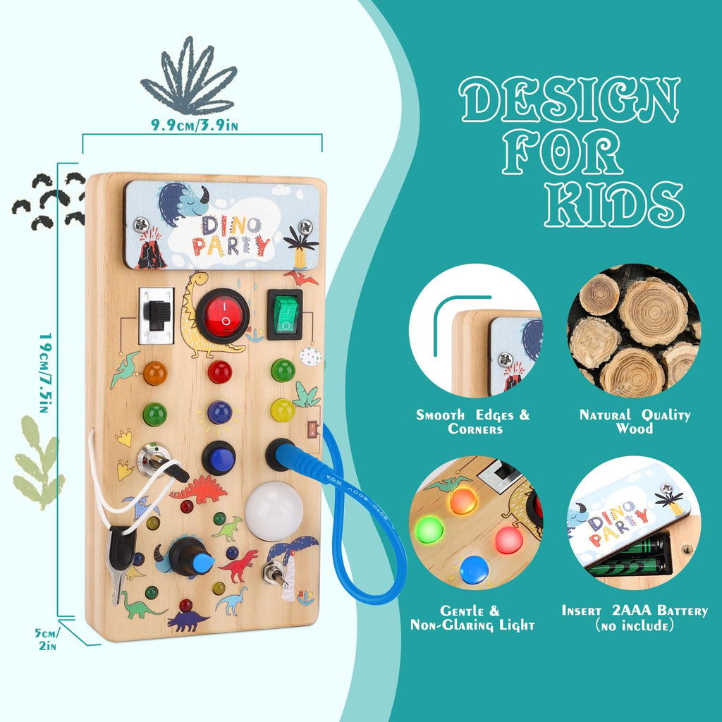 Dinosaur Busy Board with 8 LED Light Switches, Toddler Montessori Busy Board with Light Switch, Sensory Travel Toys, Montessori Toys for 1+ Year Old Boys