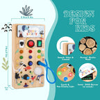 Dinosaur Busy Board with 8 LED Light Switches, Toddler Montessori Busy Board with Light Switch, Sensory Travel Toys, Montessori Toys for 1+ Year Old Boys