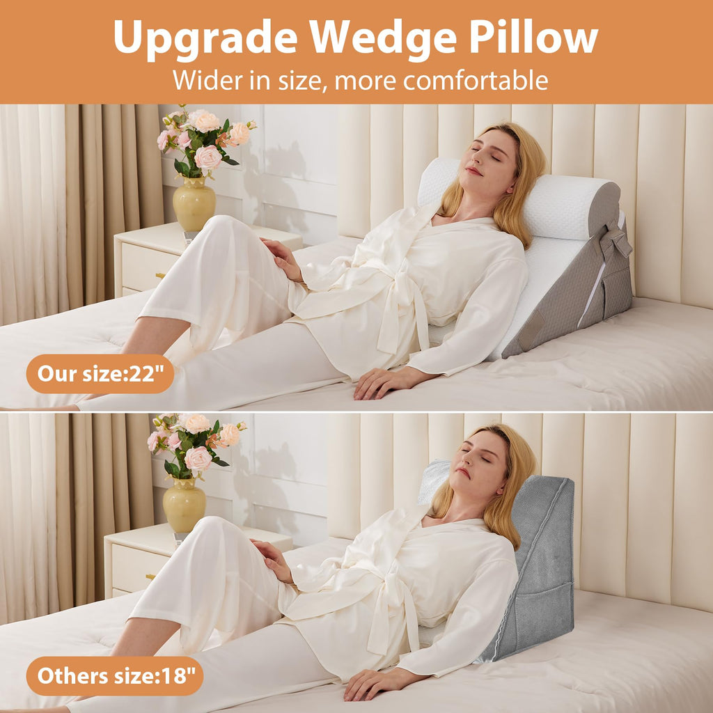 3PCS Wedge Pillow Set for After Surgery, Wedge Pillow for Acid Reflux Relief, Bed Wedge Pillow with Adjustable 9&12inch for Headboard,Sleeping, Orthopedic Memory Foam for Neck&Back Support, White/Grey