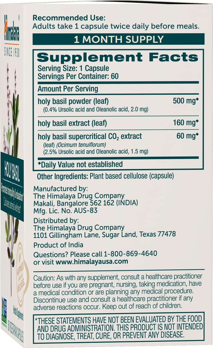 Himalaya Holy Basil, 60 Day Supply - Herbal Adrenal Support for Stress Relief, Relaxation, Energy Support and Occasional Sleeplessness - Vegan, Non-GMO, Gluten Free, 720 mg, 60 Capsules, Pack of 2
