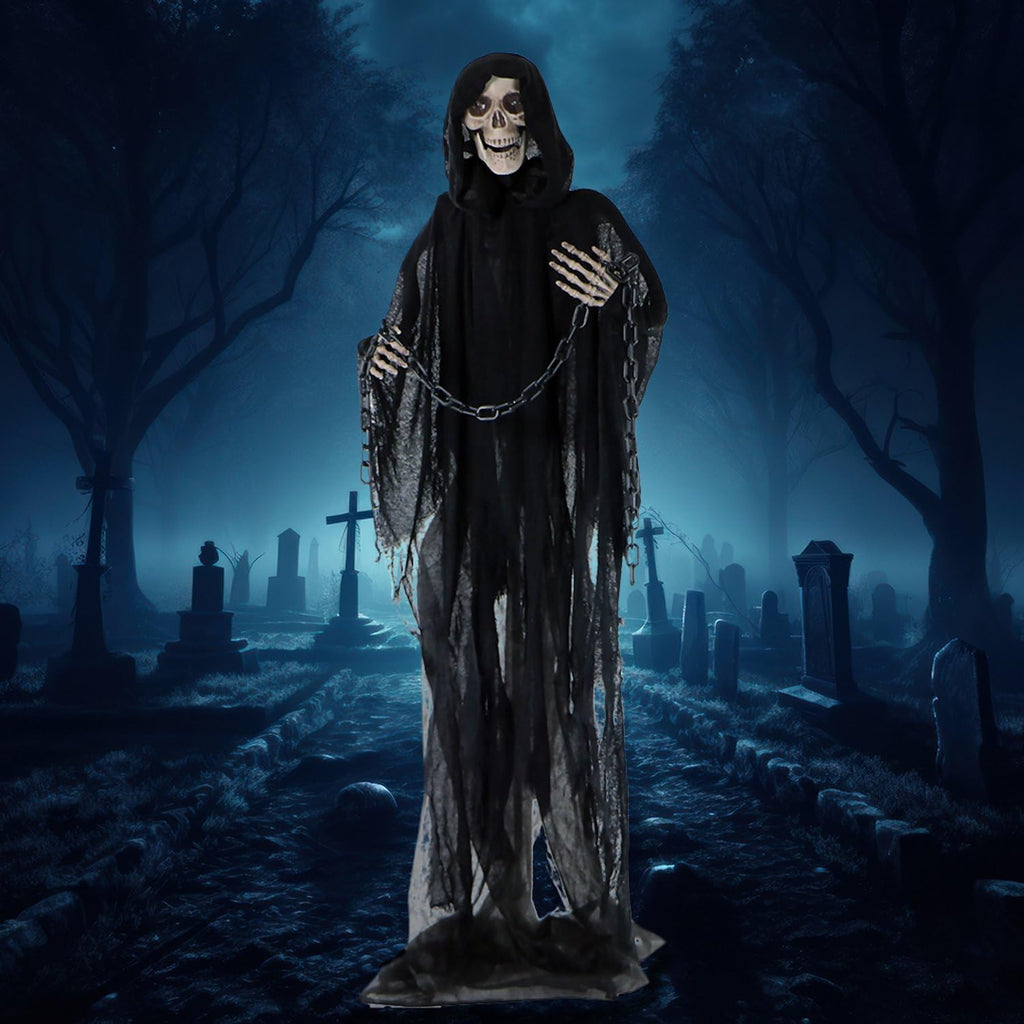 Haunted Hill Farm Life-Size Scary Grim Reaper with Chain, Halloween Animatronic with Touch Activated Lights and Sounds, Battery Operated Indoor or Covered Outdoor Halloween Decorations, Halloween Prop