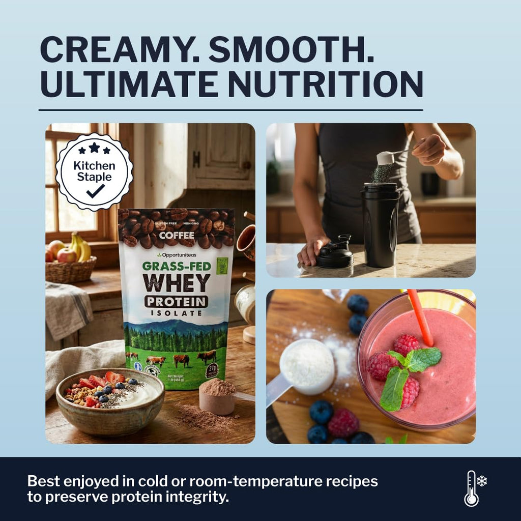 Opportuniteas Grass Fed Coffee Whey Protein Isolate Powder - 27g Protein Powder Without Artificial Sweeteners, Hormone-Free Happy Cows, Non GMO - 5lb