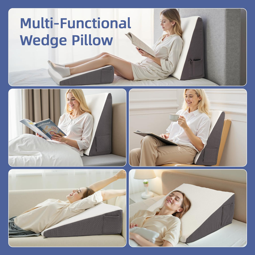 Wedge Pillow for Headboard, 10’’ Triangle Elevated Bed Wedge Pillow for Acid Reflux Relief, Sleeping, Snoring, Post Surgery, Back Pain Relief, Pillow Wedge with Memory Foam Top & Washable Cover, Grey