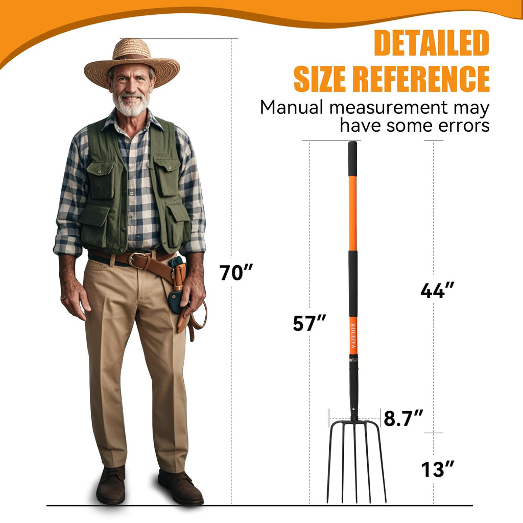 KOLEIYA 5-Tine Pitchfork for Gardening, 57-Inch Heavy Duty Garden Fork with Orange Fiberglass Handle for Compost, Mulch and Manure
