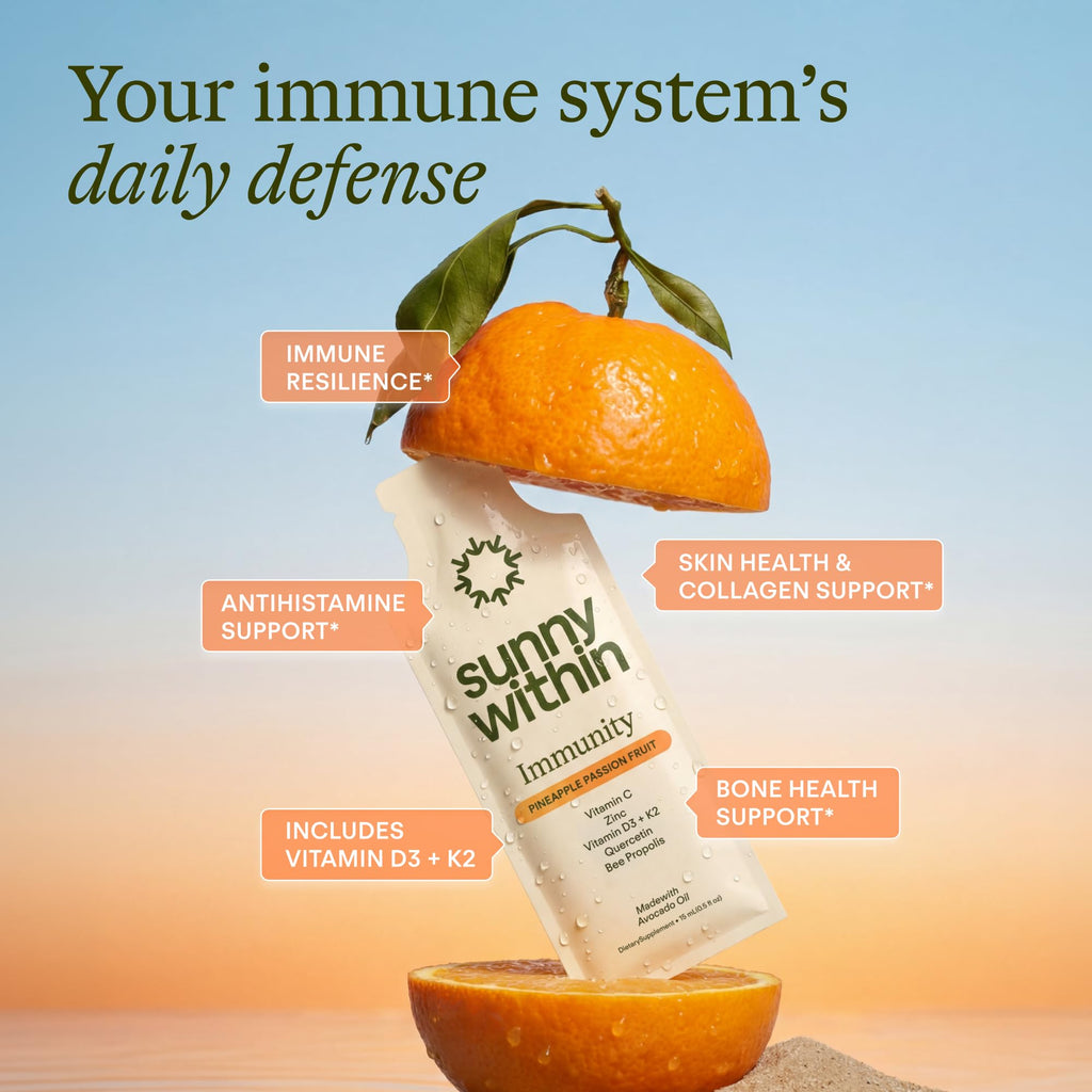 Sunny Within Immunity - Liposomal Vitamin C & Bee Propolis 6-in-1 Packets with Zinc, D3 + K2, Quercetin, Avocado Oil - Antioxidant Liquid Supplement for Immunity, Skin & Bone* - 30 Pouches