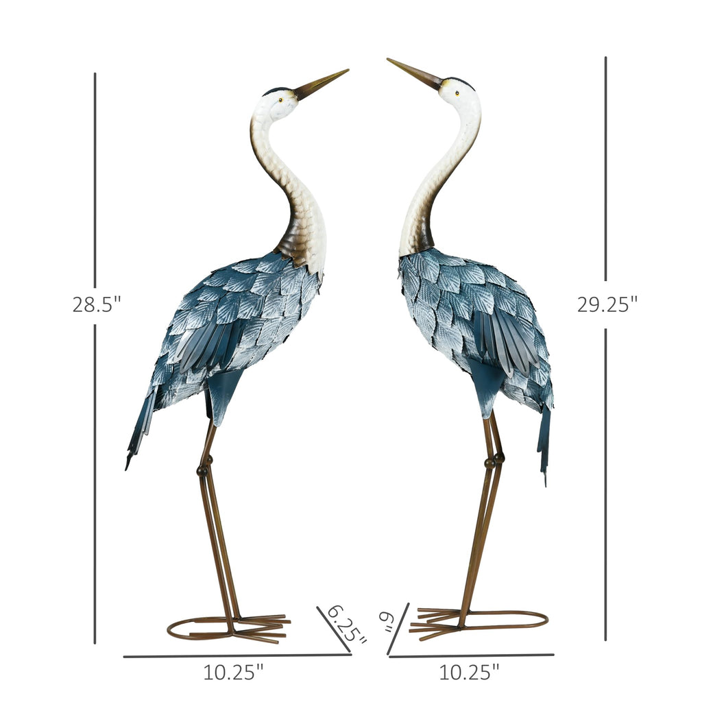Outsunny Set of 2 Metal Crane Garden Statues 28.5" & 29", Blue & White