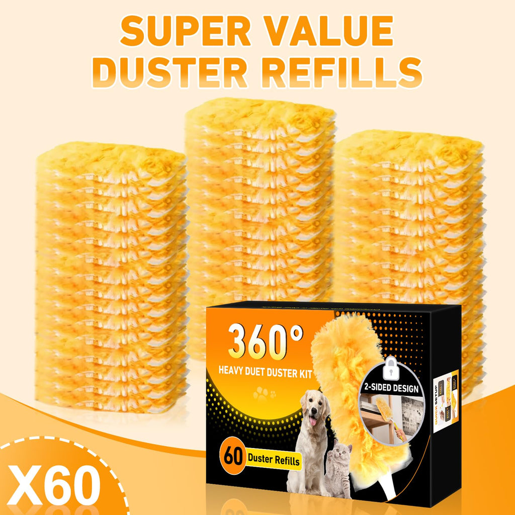 60 Count Heavy Duty Duster Refills for Swiffer, Multisurface 360° Larger Size Dusters with 4X Microfibers, Disposable Dusters for Pet, Cleaning Home, Blinds, Fans, Corners (60 pcs-Orange)