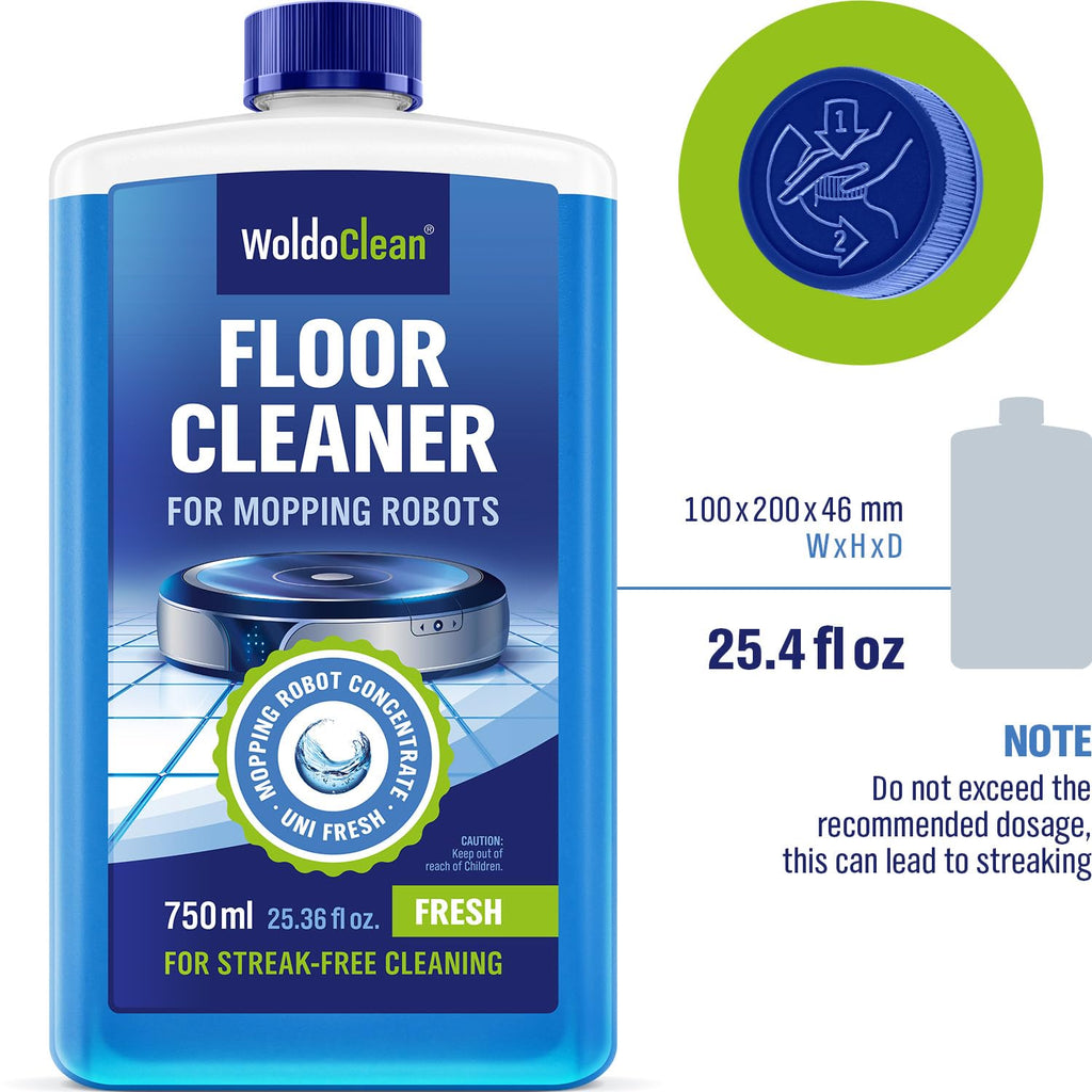 WoldoClean Floor Cleaner Solution for Robot Mops 25.36 fl.oz - Anti-Clog Formula Compatible with Roborock, Dreame, Roomba, Tineco, Professional Low-Foam Concentrate