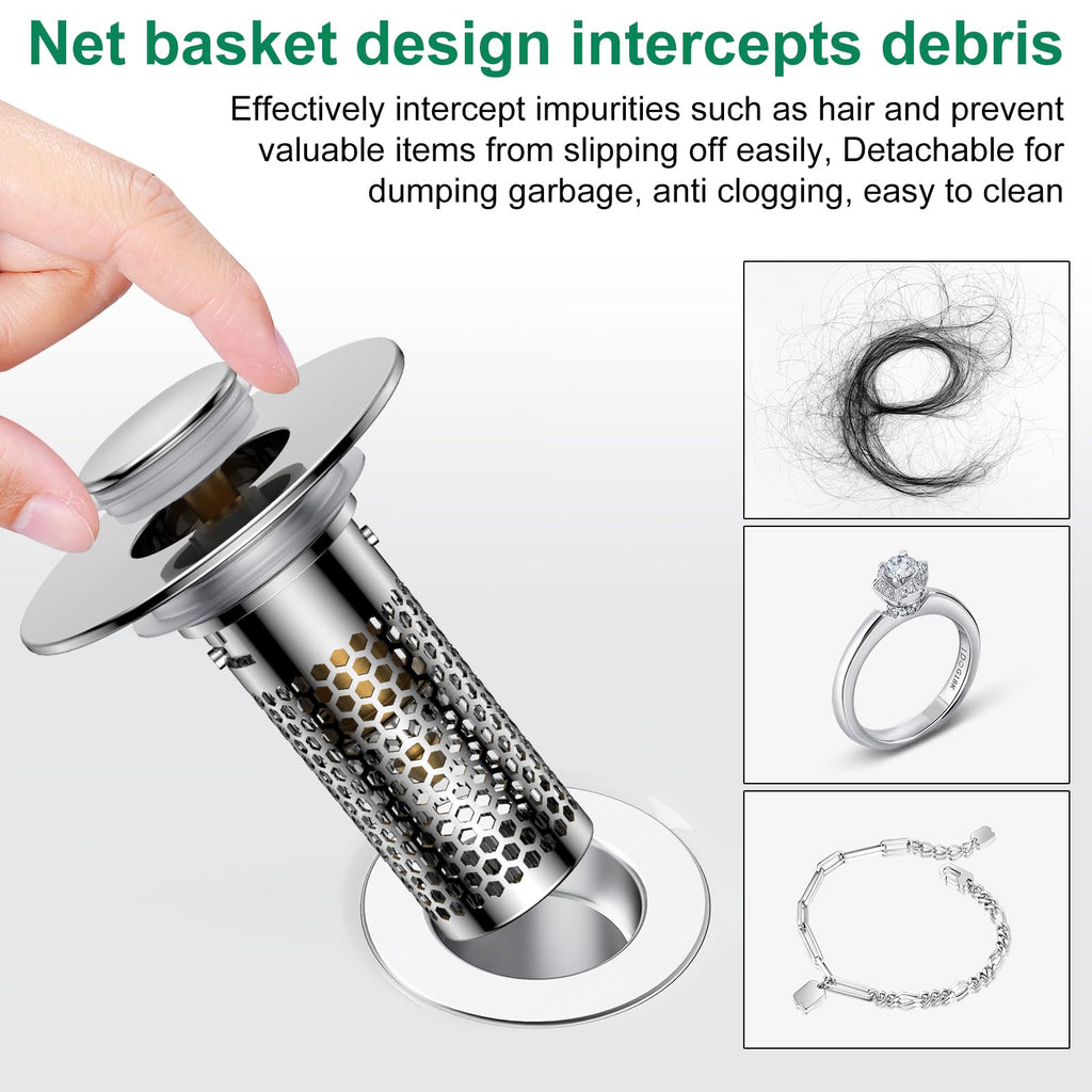 Bathroom Sink Drain Strainer,Universal Pop-Up Sink Stopper Hair Catcher, Anti-Clog Stainless Steel Drain Filter Basket, Removable Sink Drain for Bathroom Sink Stopper (YSilver-2（with Buckle）)