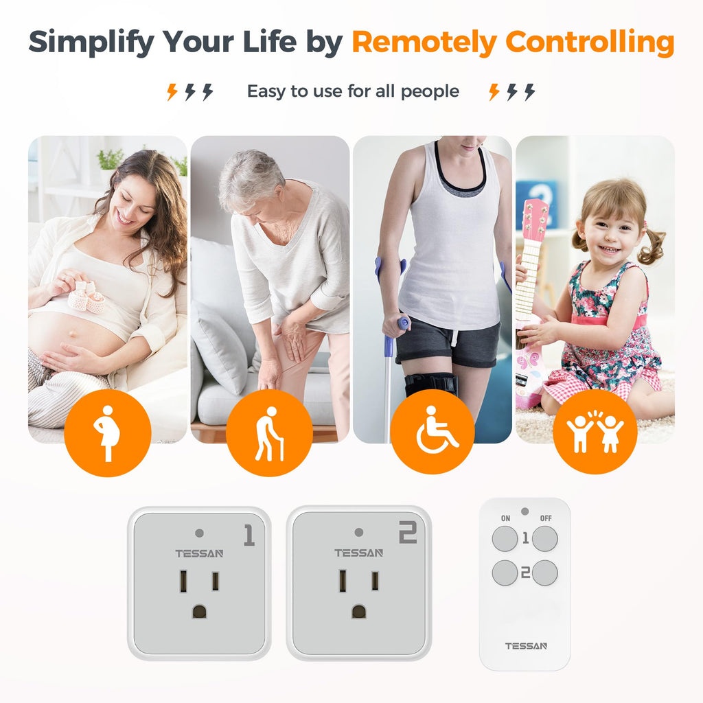 Remote Control Outlet Plug, TESSAN Wireless Light Switch Kit 100ft RF Range, On Off Switch for String Lights, Lamps, Small Appliances, Wireless Power Socket, 15A/1875W (1 Remote and 2 Outlets)