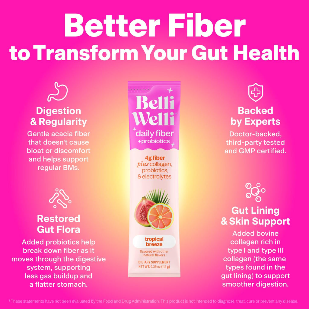 Belli Welli Fiber Supplement, Probiotics Fiber Powder Travel Pack for Women with Collagen & Electrolytes for Daily Gut Health & Debloating, Tropical Breeze, 10 Packets