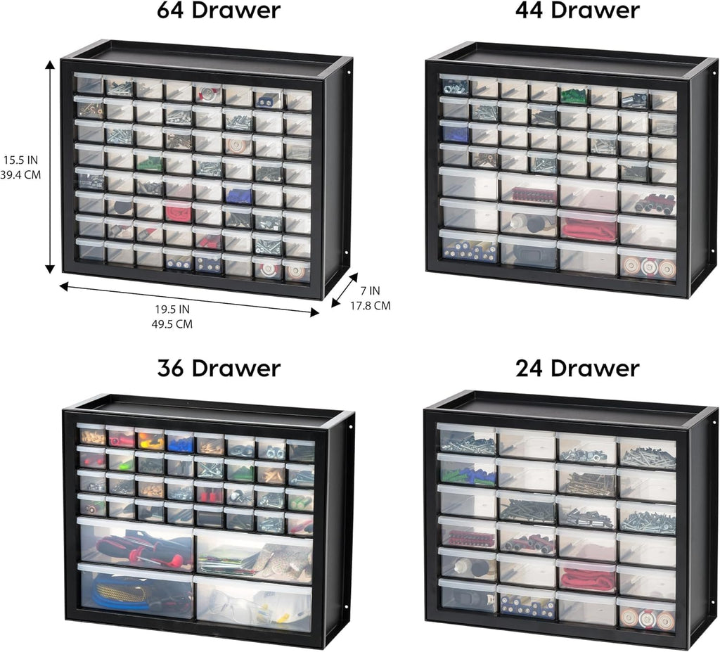 IRIS USA 24-Drawer Plastic Storage Organizer, Made in USA, Teacher Toolbox, Multi Drawer Cabinet For Garage Tools Beads Balloons Building Bricks Crafts Stickers Small Business Scrapbook Art, Black
