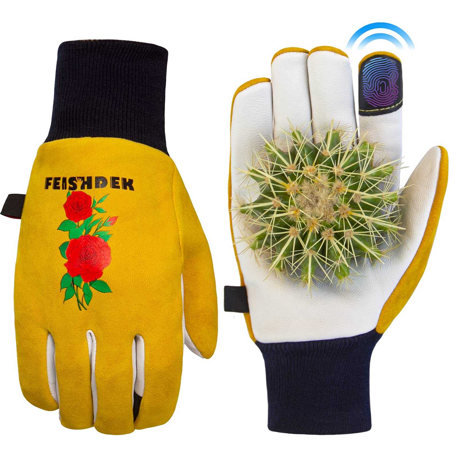 FEISHDEK Cactus Gloves Soft Deerskin Women Gardening Glove Thorn Proof for Cacti Handling (Large - Short Sleeve, Yellow)