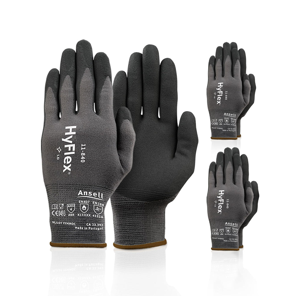 Ansell HyFlex 11-840 Ergonomic Abrasion-Resistant Nylon Spandex Nitrile Coated Industrial Gloves for Automotive, Fabrication - XXL (11) Grey (3 Pairs)